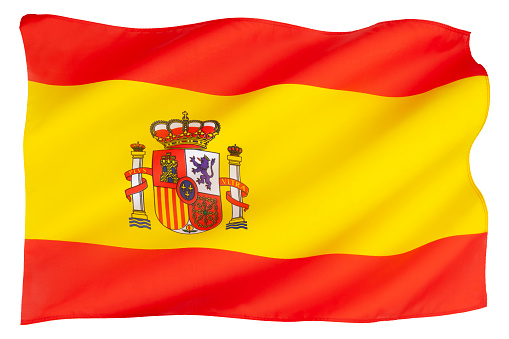 The National flag of Spain. The current version, as established in the Spanish Constitution, was adopted on 5 October 1981.