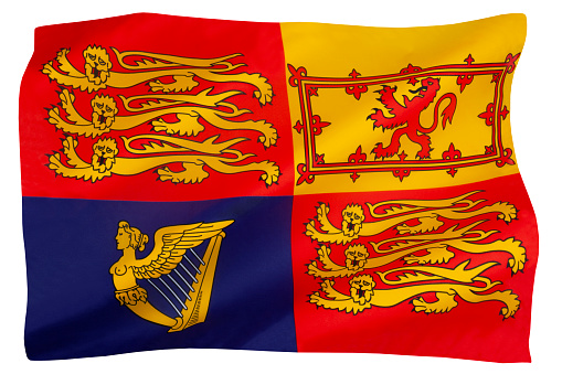 The Royal Standard of Queen Elizabeth II - used in England, Northern Ireland, Wales, and in overseas territories. (A different standard is used in Scotland).