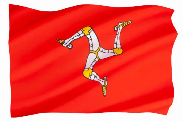 The flag of the Isle of Man - a self-governing British Crown dependency situated in the Irish Sea between Great Britain and Ireland. The 3 legs symbol is called a triskelion,.