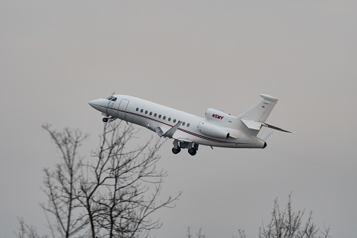 Zurich, Switzerland, January 20, 2023 Dessault Falcon 900EX business aircraft departing from runway 28 after the world economic forum in Davos