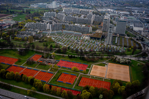 munich cityscape from olympia tower horizontal travel aerial still tennis courts are foregroud