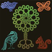 Animal and Tree Celtic knot designs including two birds, butterfly and squirrel with nut.
