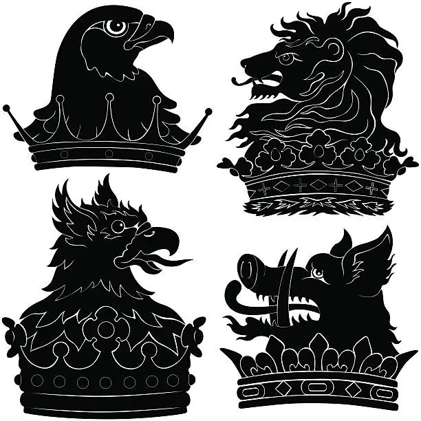 Vector illustration of Animals and Crowns Heraldry silhouettes