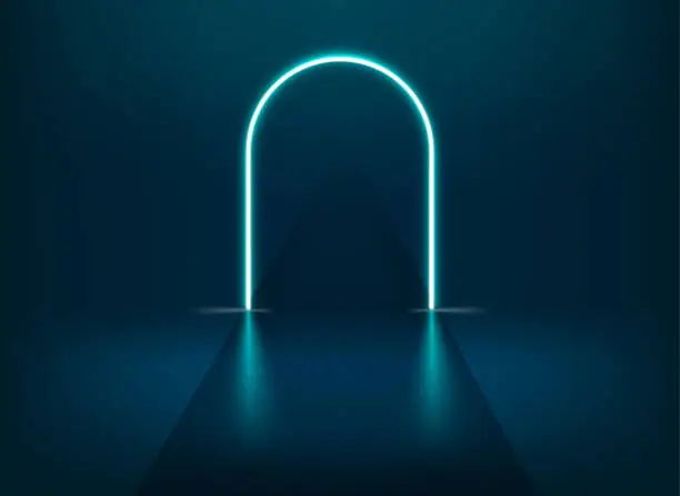 Vector illustration of Blue neon glowing way in interior. 3d vector  illustration