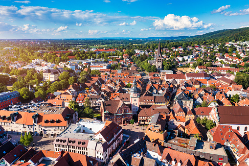 Old city of Ettlingen in Germany with a river and a church. View of a central district of Ettlingen, Germany, with a river and a bell tower of a church. Ettlingen, Baden Wurttemberg, Germany.