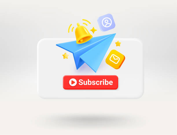 istock Pop up window with red button, blue plane, icons and golden bell. Subscribe concept. 3d vector illustration 1484577195