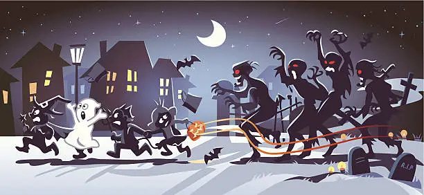 Vector illustration of Halloween Kids Chased by Zombies