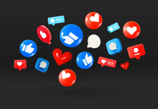 istock Social media icons flying on black background. 3d vector illustration 1484579526