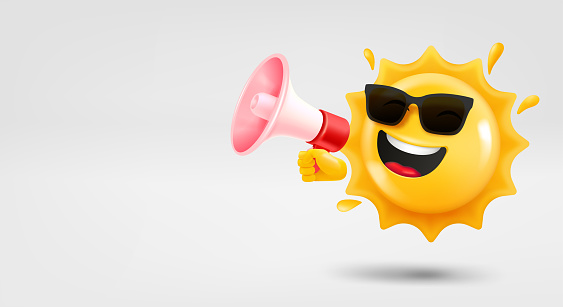 Happy sun emoji with megaphone in a hand. 3d vector banner with copy space