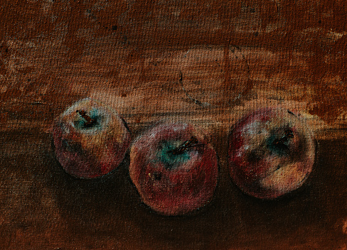 Painting of three apples. Acrylic on canvas. Background is rough with drips.