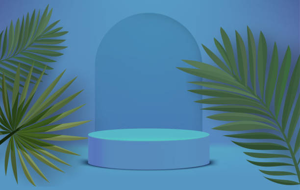istock Bright illuminated blue interior with podium and green leaves. Eco friendly product showcase template. 3d vector background 1484580427