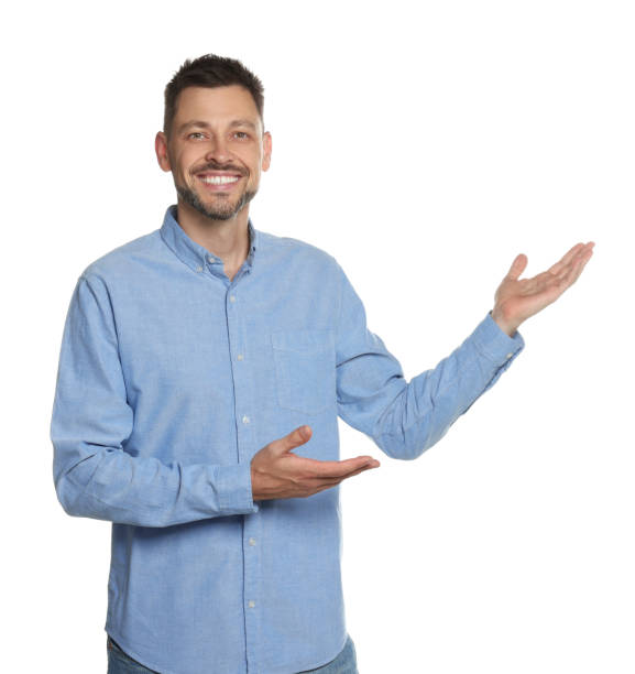 istock Handsome man gesturing on white background. Weather forecast reporter 1484580603