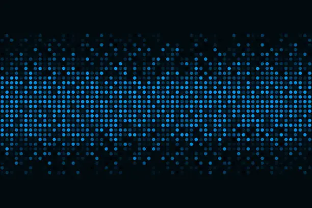 Vector illustration of Background made of blue sequins, glitters dots. Abstract blue technology horizontal luminous background. Gradient blue digital glow pixel circle texture pattern. Digital pixelated.