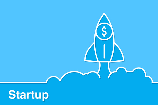 Finance Startup Concepts With Line Rocket on Blue Background