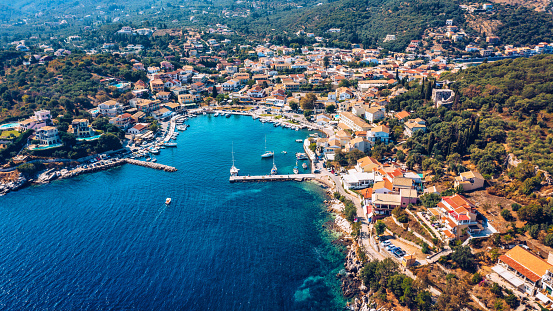 Kassiopi, town in Corfu, Greece. Mediterranean town Kassiopi in Greece. Greek resort on Corfu island.