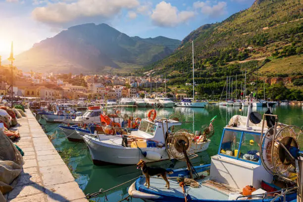 Castellammare del Golfo town (Gulf of Castellammare) on Mediterranean Sea, Trapany, Sicily, Italy. The town of Castellammare del Golfo in the province of Trapani in Sicily Italy.