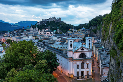 Aerial view of Mirabell Gardens and historical part of Salzburg, Austria