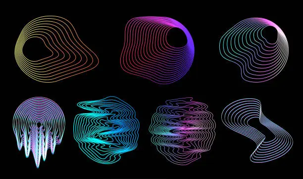 Vector illustration of Retrofuturistic circle design shapes with glitch and liquid effect