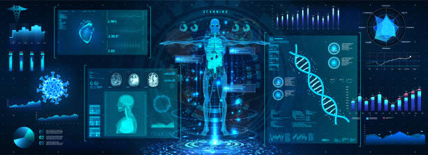 Human body examination in HUD style. Modern healthcare with body scan Human body examination in HUD style. Modern healthcare with body scan (Anatomy, Dna formula, Ecg monitor, data organs, X-ray, Statistic and Diagrams) Medical human diagnostic HUD. Vector illustration dna backbone stock illustrations