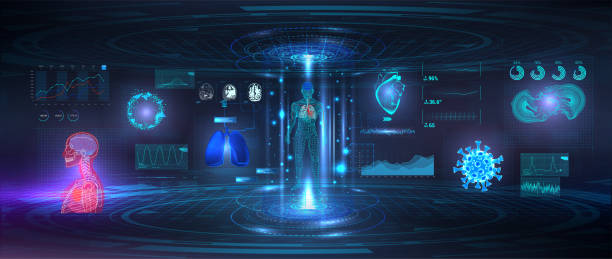 istock Genetic research, Healthcare examination and human scanning in HUD style 1484586193