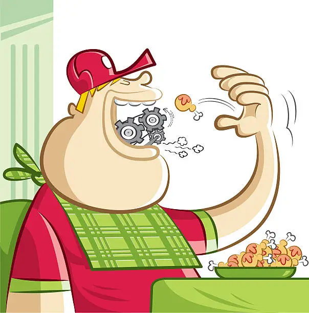 Vector illustration of hungry fat man eating and digesting