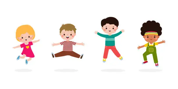 Vector illustration of Happy children jumping in outdoors Concept, little kids activities, children playing in playground flat Funny cartoon isolated on white background vector Illustration