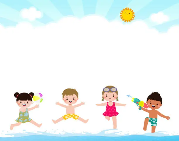 Vector illustration of Hello Summer, Group of Happy kids in swimming clothes jumping on beach, kids with jumping into swimming, kids playing pool party Funny cartoon flat vector illustration isolated on background