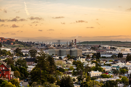 High quality stock sunrise photo of a oil and gas refinery in Richmond California.