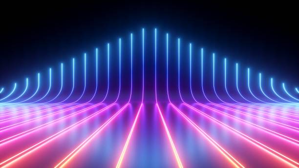 istock 3d render, abstract minimal neon background, pink blue neon lines going up, glowing in ultraviolet spectrum. Cyber space. Laser show. Futuristic wallpaper 1484593041