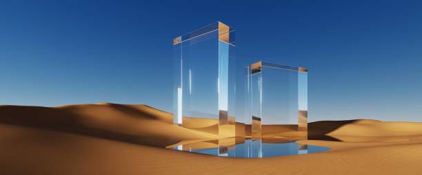 istock 3d render, abstract surreal desert landscape. Sunny day, clear blue sky, yellow sand dunes, water flat surface with mirror reflection, geometric square glass arches. Minimalist aesthetic wallpaper 1484593132