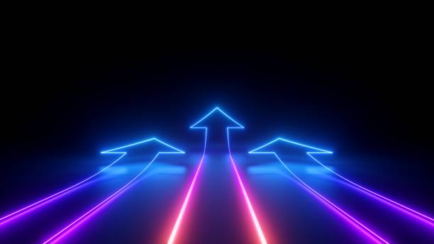 istock 3d render, abstract minimalist geometric background. Three neon arrows, linear rising chart 1484593168