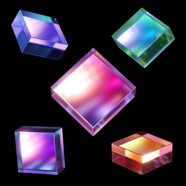 istock 3d render, assorted colorful glass tiles, crystal square shapes isolated on black background. Faceted objects collection, simple geometric clip art set 1484595143