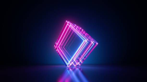 istock 3d render, abstract minimalist neon background. Glowing lines inside the translucent glass rhombus. Modern geometric wallpaper 1484595181