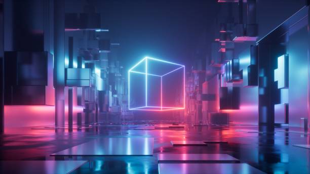 istock 3d render, abstract blue red neon background. Holographic cube glowing in the dark, levitating above the city street. Digital geometric wallpaper 1484595201