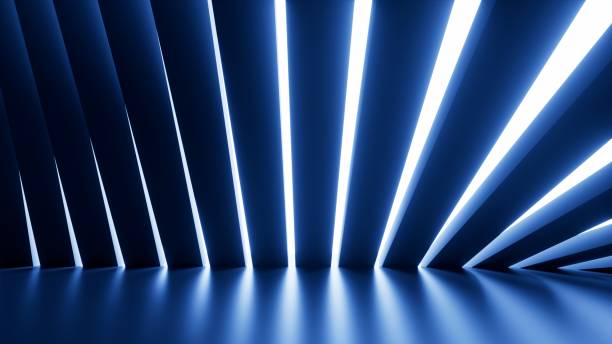 istock 3d render, abstract geometric background. Dark blue planks and white light slots. Modern minimalist wallpaper 1484595240