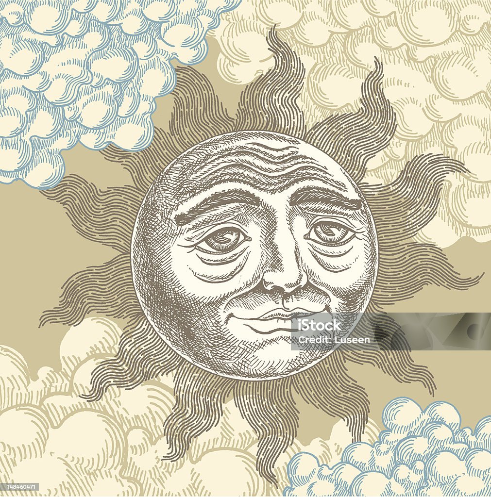 DECORACIÓN vintage estilo sol cara, grabado en madera - arte vectorial de Sol libre de derechos