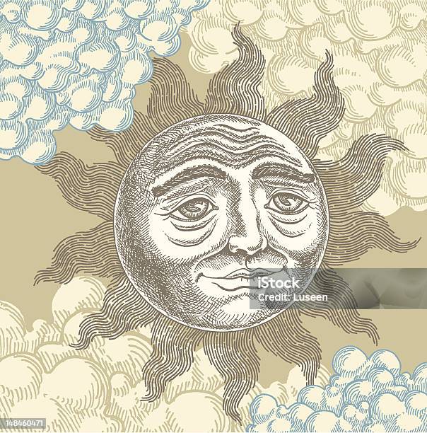 Enfeitado Rosto Sol Vintage Estilo Xilogravura - Arte vetorial de stock e mais imagens de Sol - Sol, Rosto Antropomórfico, Desenho