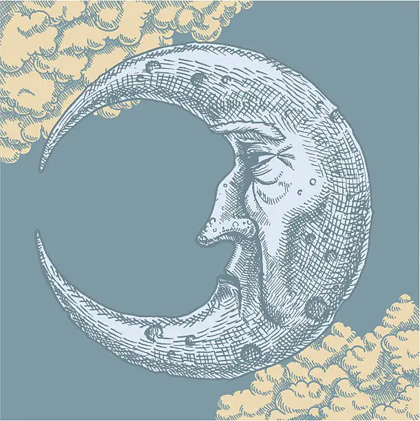 Vector illustration of Crescent Moon Face Vintage Drawing