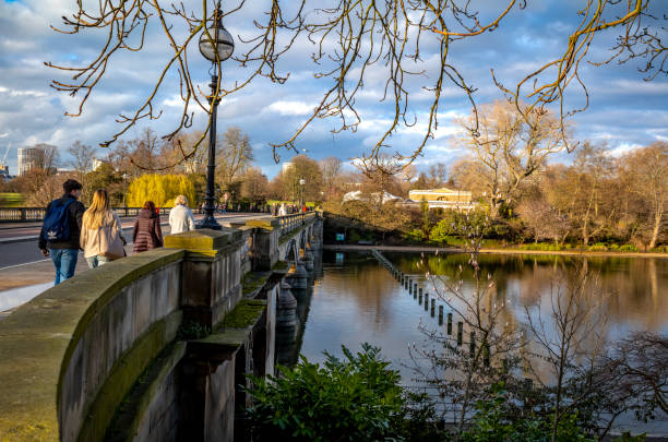 Hyde Park late in the Afternoon Hyde Park, London late afternoon with people enjoying walking and views of the Serpentine. hyde park flowers stock pictures, royalty-free photos & images