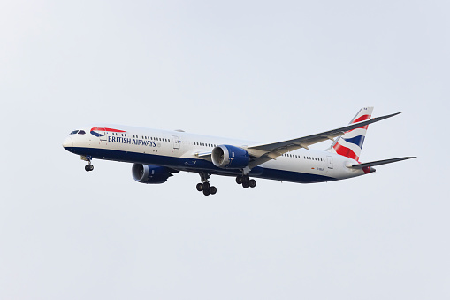Portland, Oregon, USA - March 24th, 2023: A British Airways Boeing 787 direct from London Heathrow comes into land at Portland International Airport.