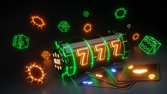 Casino Gambling Slot Machine and Dices Concept With Green and orange Glowing Neon Isolated On The Black Background - 3D Illustration