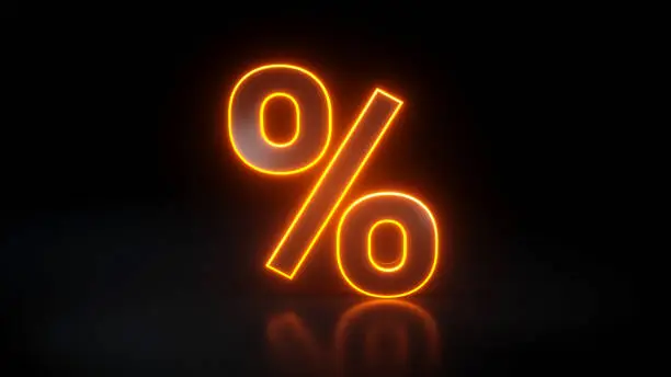 % Percent Off, Sale Discount With Futuristic Yellow Glowing Neon Lights, Isolated On The Black Background - 3D Illustration