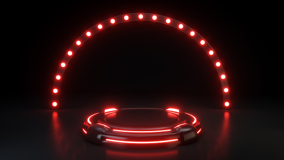 Futuristic Stage For Product, Modern Pedestal Stage With Red Neon Lights On The Black Background. Empty Space. Product Promotion Concept.