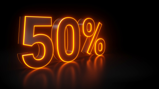 50% Percent Off, Sale Discount With Futuristic Yellow Glowing Neon Lights, Rotation, Isolated On The Black Background - 3D Illustration