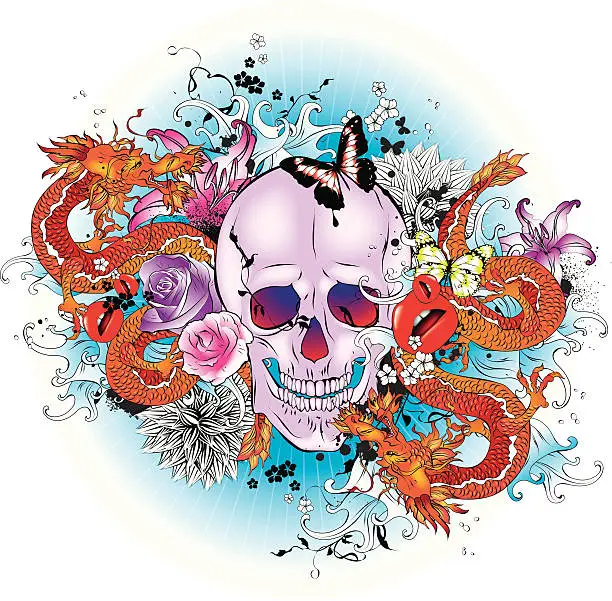 Vector illustration of Skull tattoo style graphic