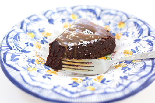 Slice Chocolate Cake with Caramel Glaze, Fork, Pretty Plate