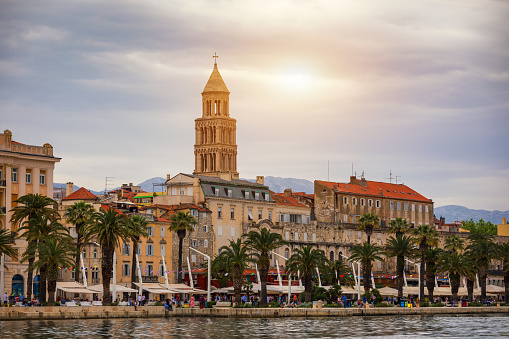 Split, Croatia (region of Dalmatia). UNESCO World Heritage Site. View of Split city, Diocletian Palace and Mosor mountains in background. Split panoramic view of town, Dalmatia, Croatia.