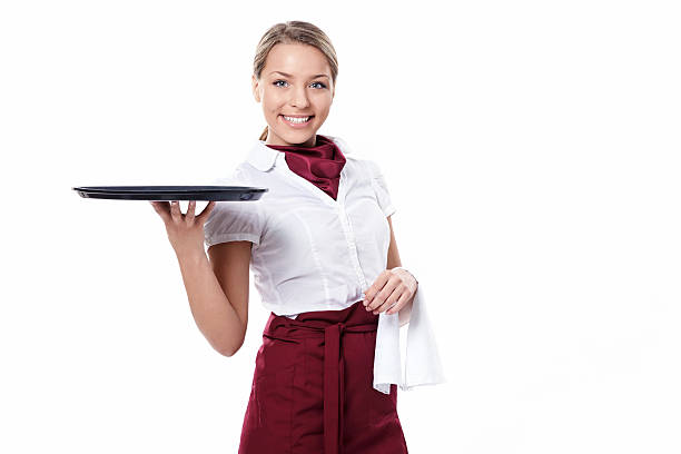 istock Isolated picture of waitress holding empty tray 148465205