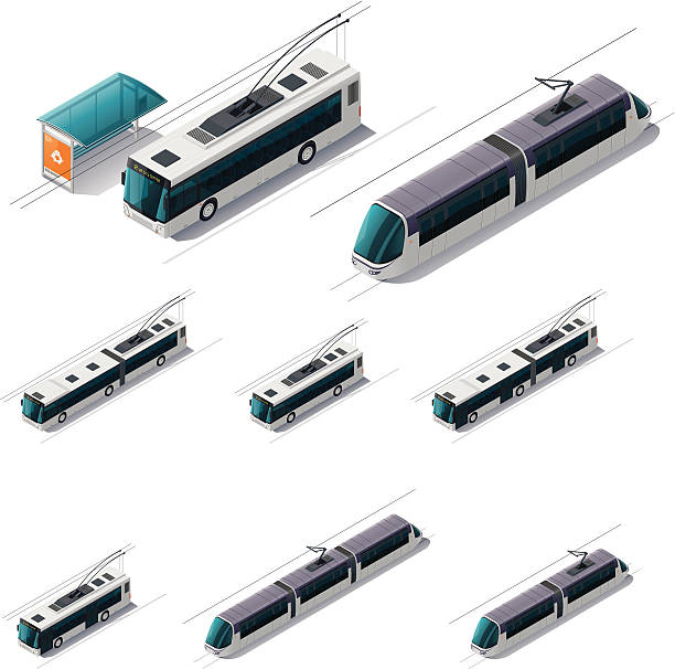 Public electric transport Set of detailed isometric trolleybuses and tramways public transportation illustrations stock illustrations