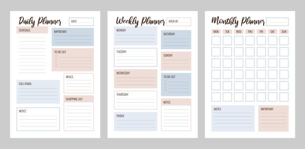 istock Set of Daily Weekly Monthly planner printable vector template. Blank organizer page A4, A5. Collection of business schedule pages for effective planning. Personal notebook. Paper sheet. 1484659471